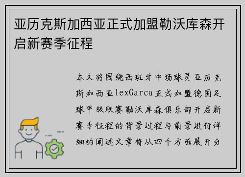 亚历克斯加西亚正式加盟勒沃库森开启新赛季征程