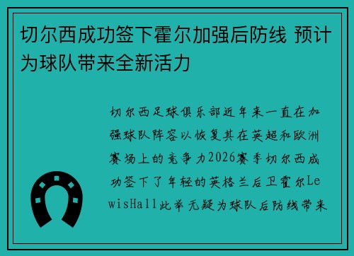切尔西成功签下霍尔加强后防线 预计为球队带来全新活力